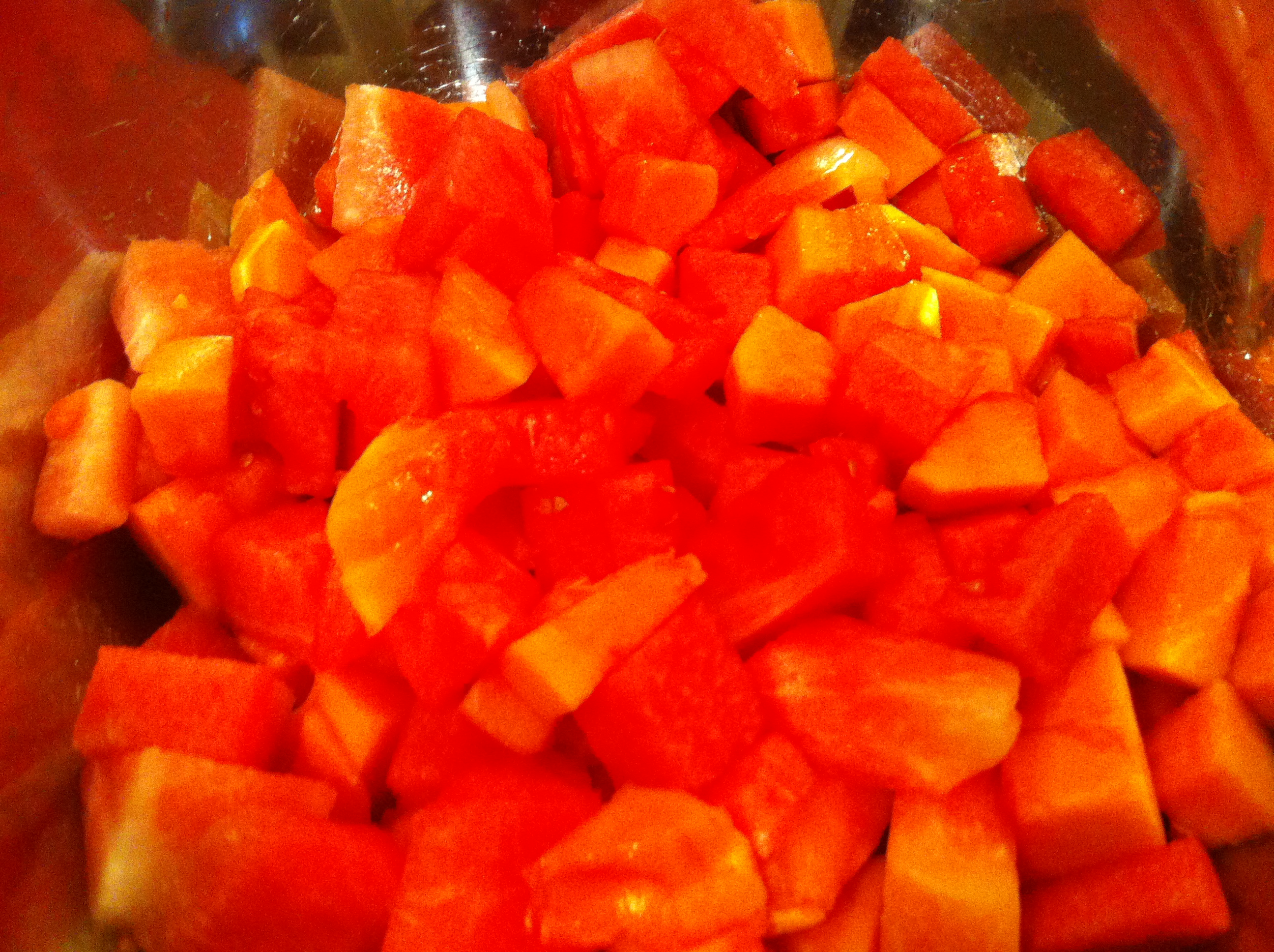 Watermelon salad with papaya and honey citrus vinaigrette