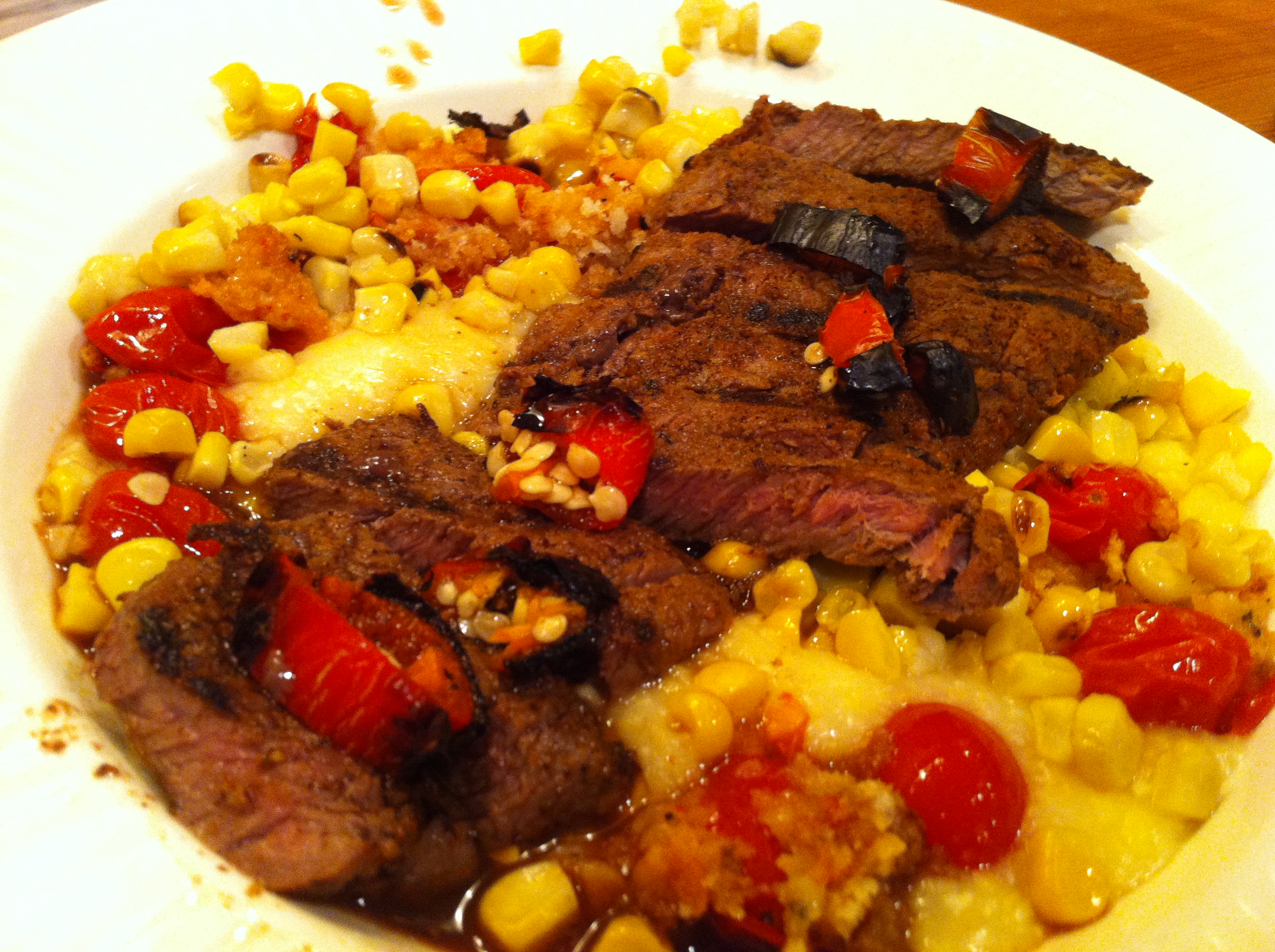 Blackened Steak and Grits with Roasted Corn, Tomatoes and Jalapenos