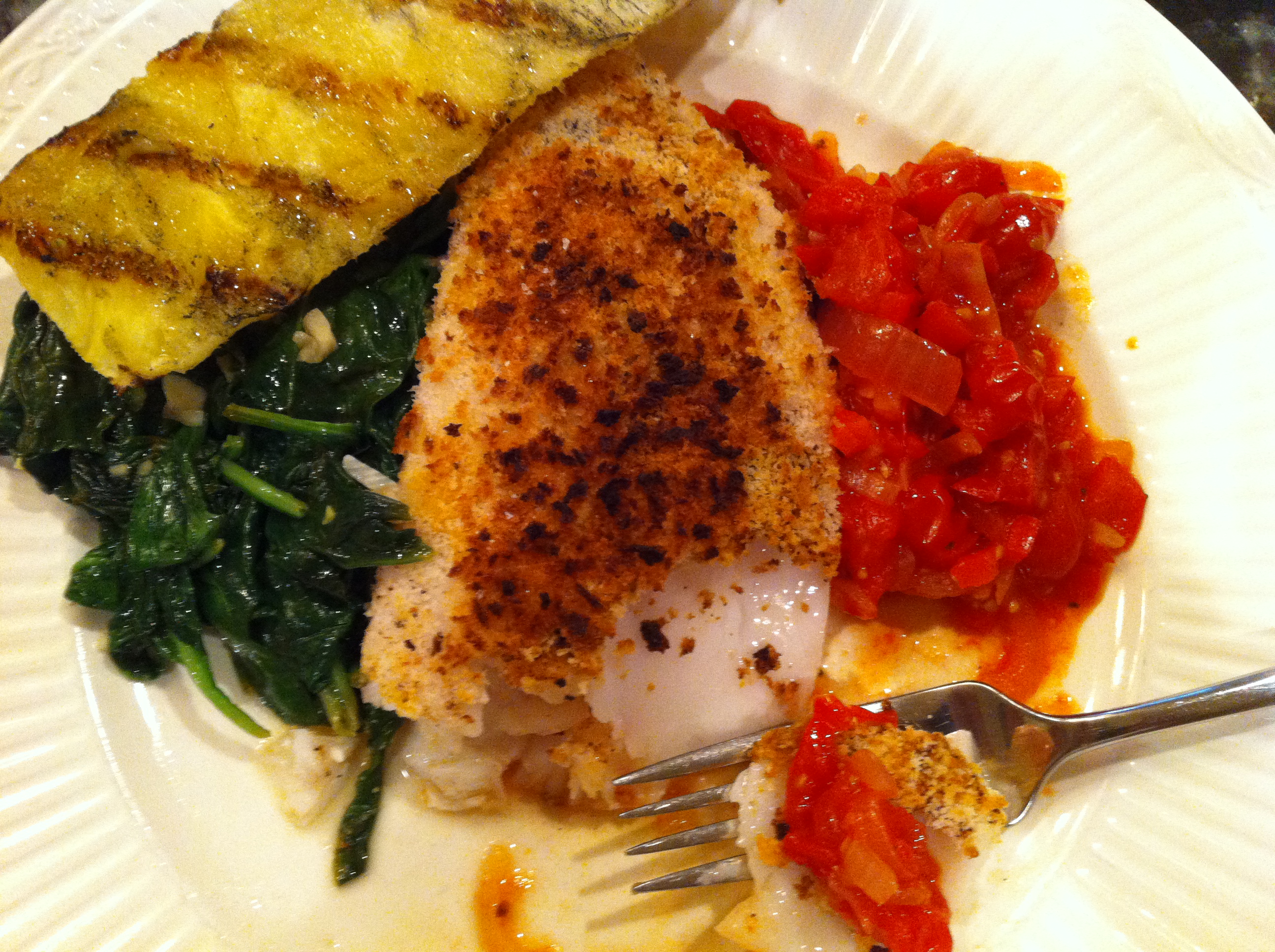 Halibut – roasted with tomato chutney and sauteed spinach