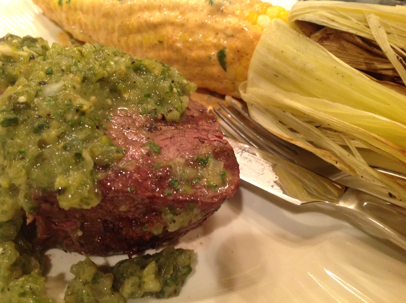 Filet topped with tomatillo chimichuri