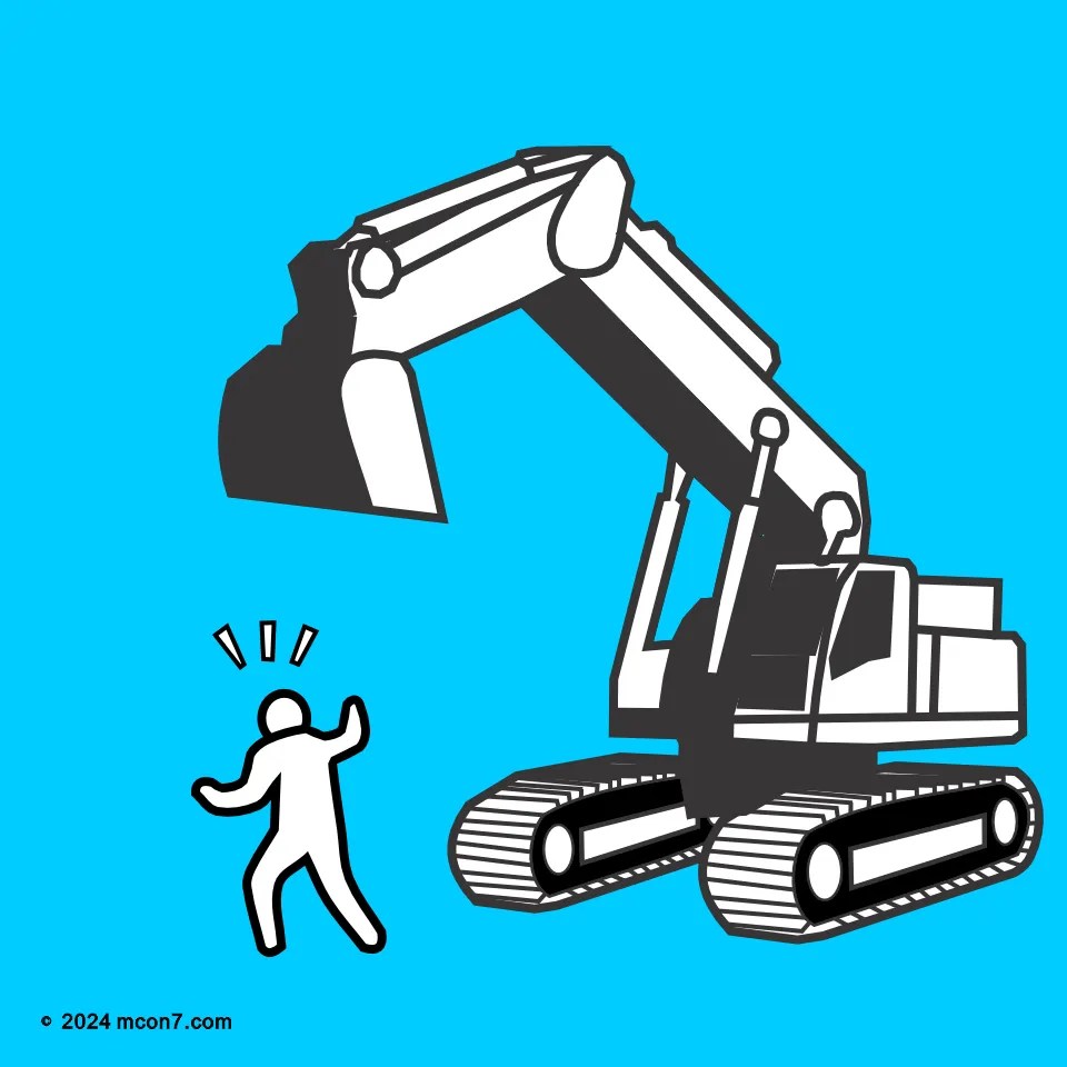 重機のアーム操作中に、他の作業員が誤って近づきすぎ、アームが予期せず動いて挟まれそうになったヒヤリハット事例　インフォグラフィック・ピクトグラム