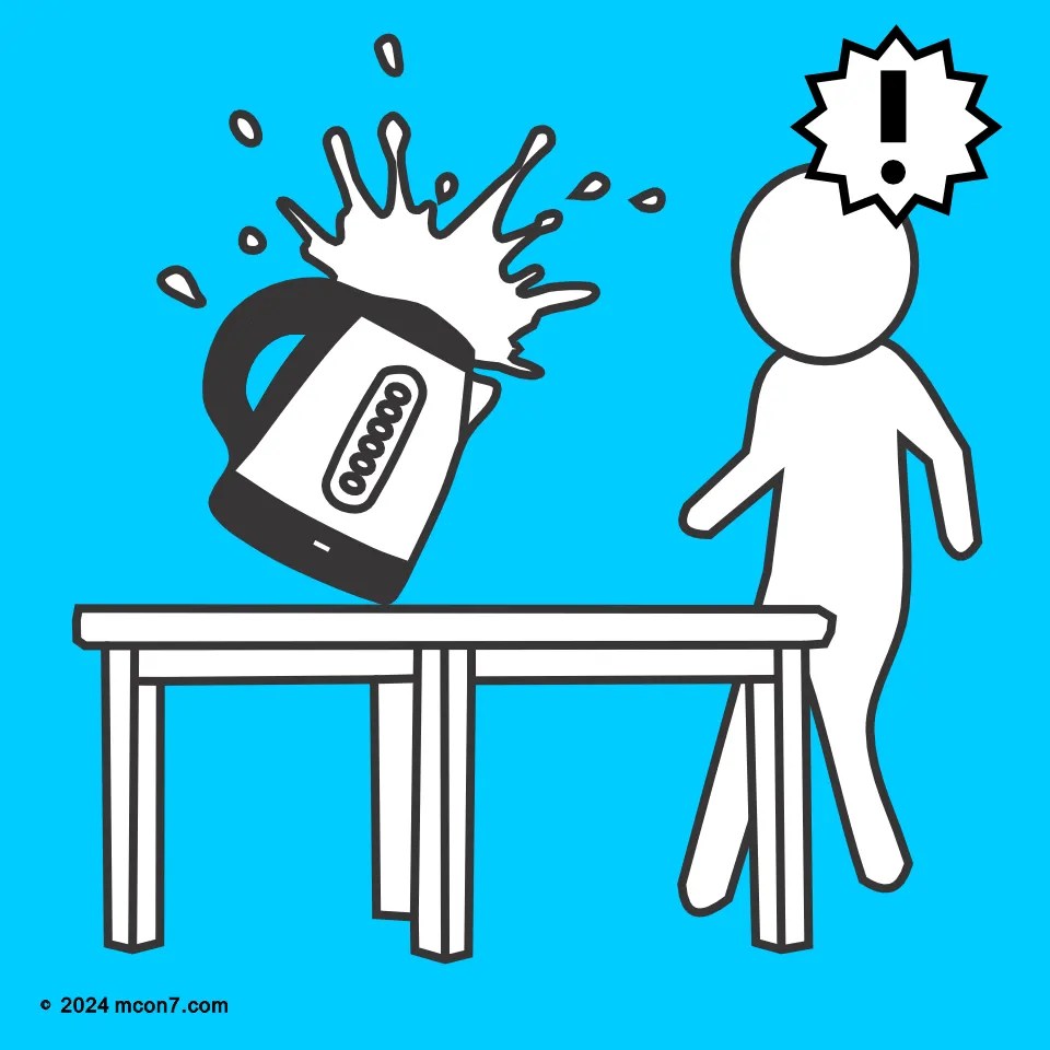 誤って電気ポットを倒してしまいやけどしそうになったヒヤリハット事例　インフォグラフィック・ピクトグラム