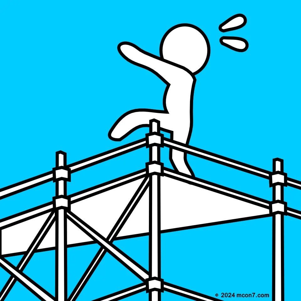 高所での作業中に足場の端に気付かず誤って足を滑らせ、転落寸前で止まった。命の危険に直結する重大なヒヤリハット。インフォグラフィック・ピクトグラム