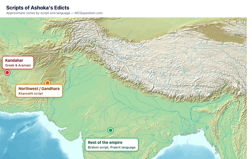 Map showing the approximate zones where Kharosthi, Greek/Aramaic, and Brahmi scripts were used in Ashoka's edicts