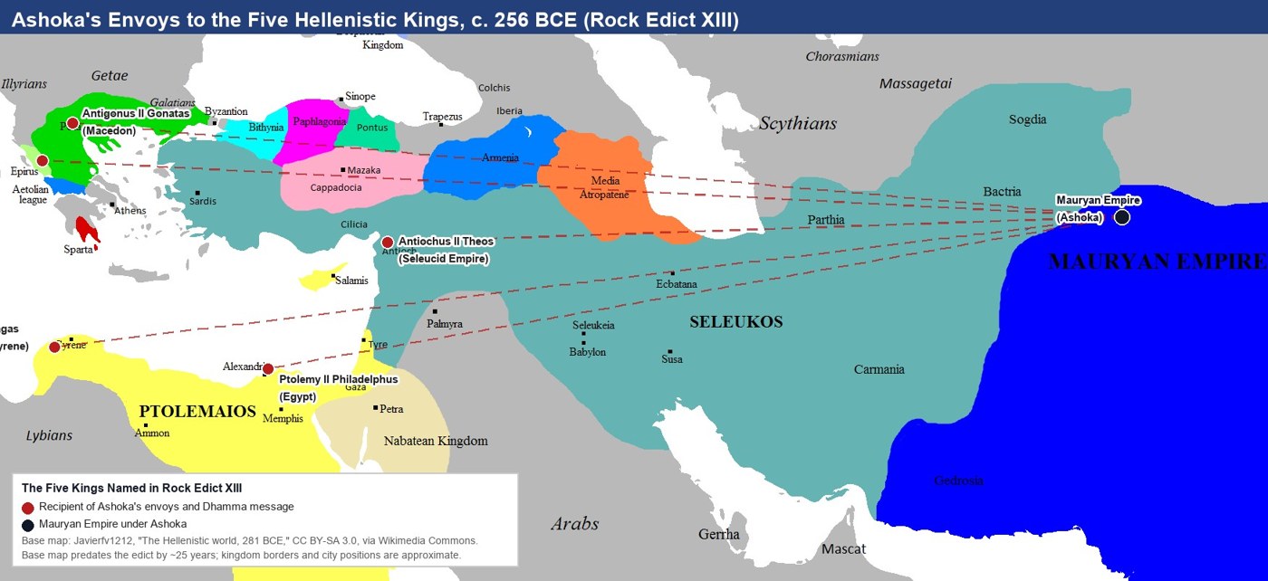 Map showing the Mauryan Empire and the five Hellenistic kingdoms named in Ashoka's Rock Edict XIII
