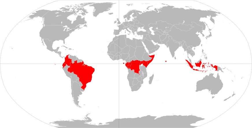 World map highlighting the countries the equator passes through