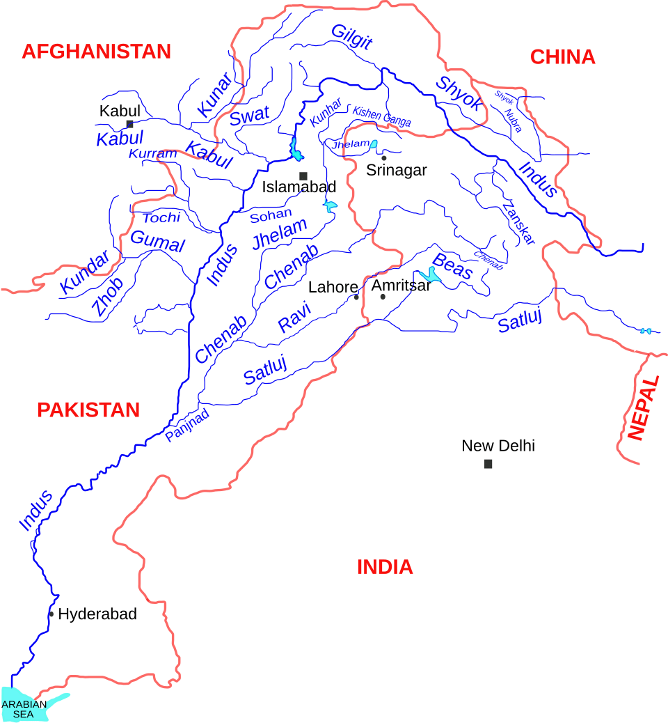 Map of the Indus river system showing the Ravi, Beas and Sutlej (India's Eastern Rivers) and the Indus, Jhelum and Chenab (Pakistan's Western Rivers) under the Indus Waters Treaty