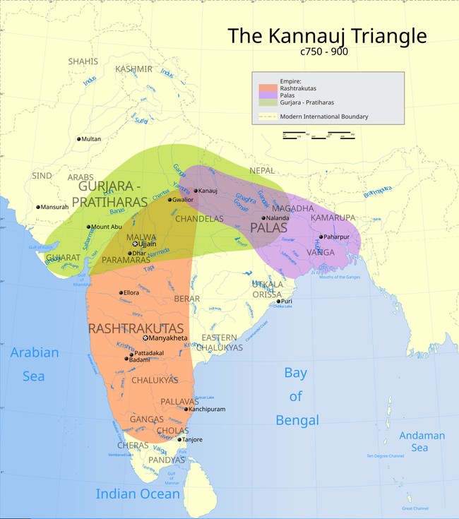 Map showing the territories of the Gurjara-Pratihara, Pala, and Rashtrakuta empires converging on Kannauj, c. 750-900 CE