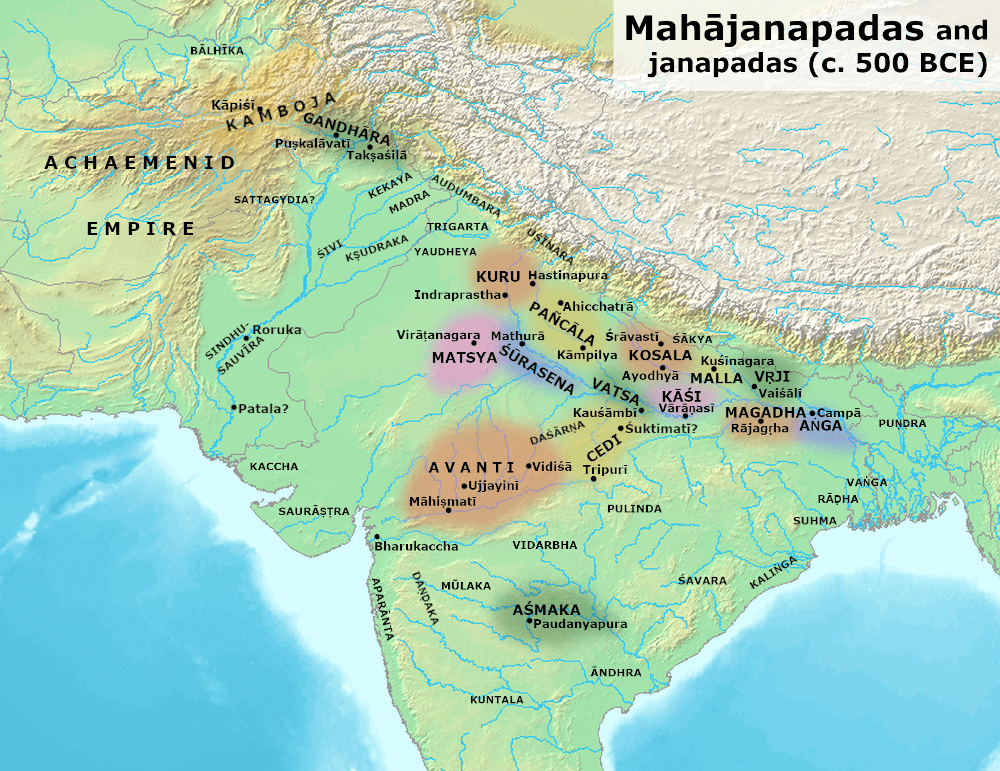 Map showing Assaka's location south of the Vindhyas, apart from the other fifteen Mahajanapadas