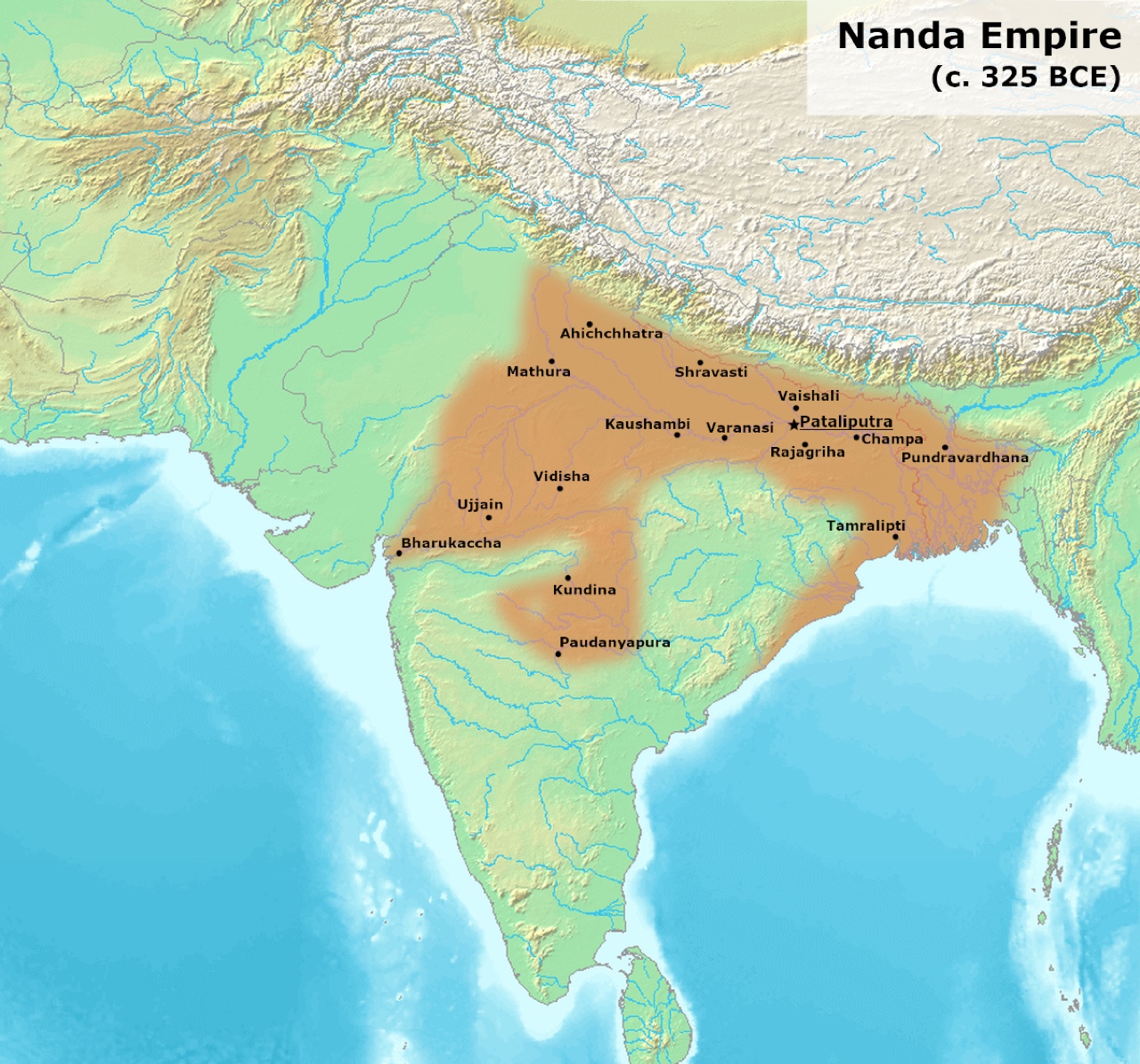 Map of the Nanda Empire, c. 325 BCE, showing its extent across the Gangetic plain