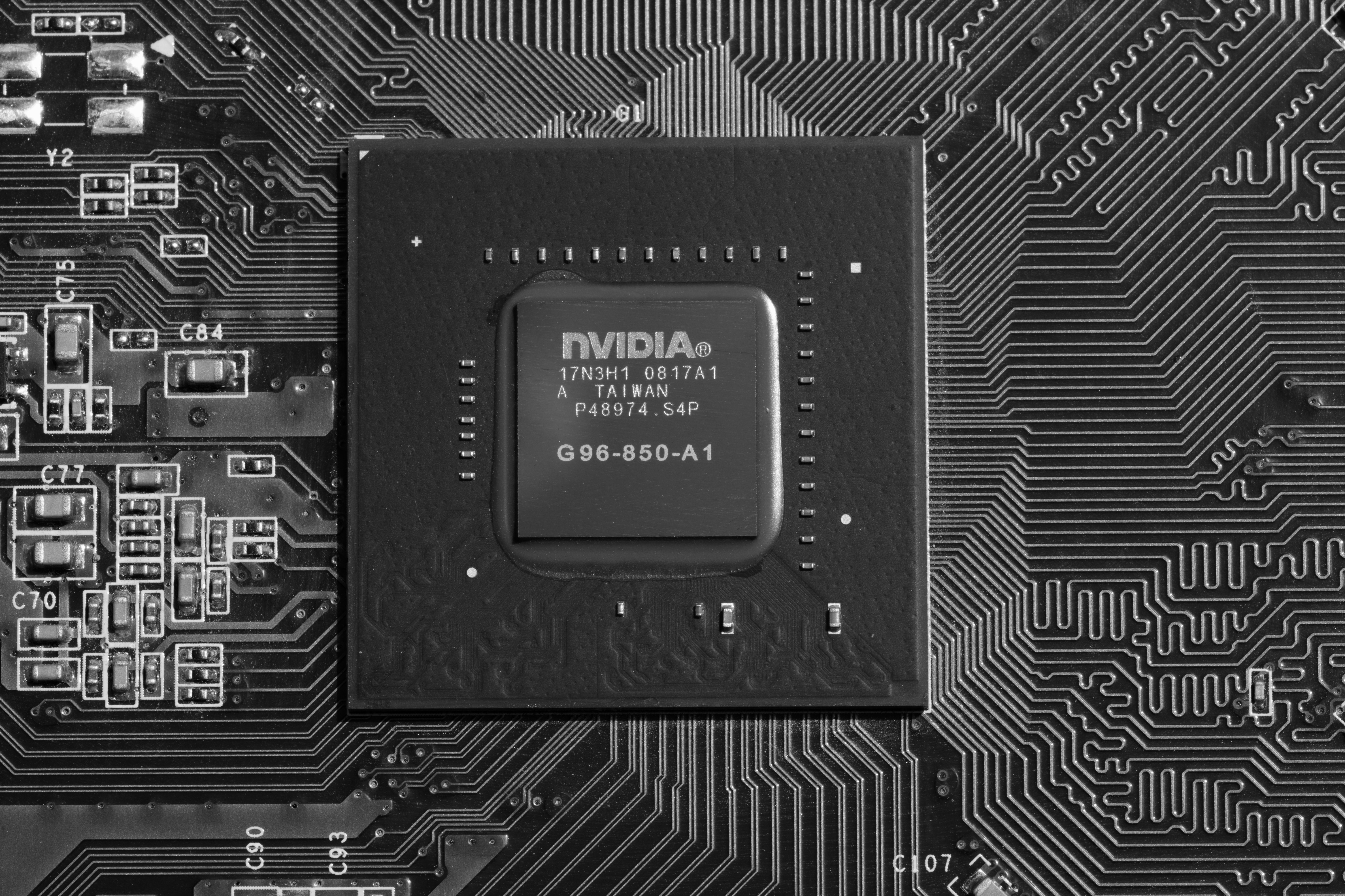Close-up of an NVIDIA GPU chip on a circuit board
