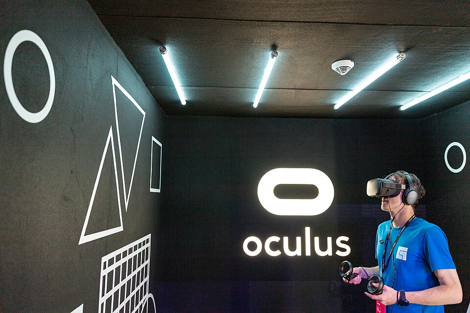 An Oculus virtual reality headset on display at Gamescom 2019