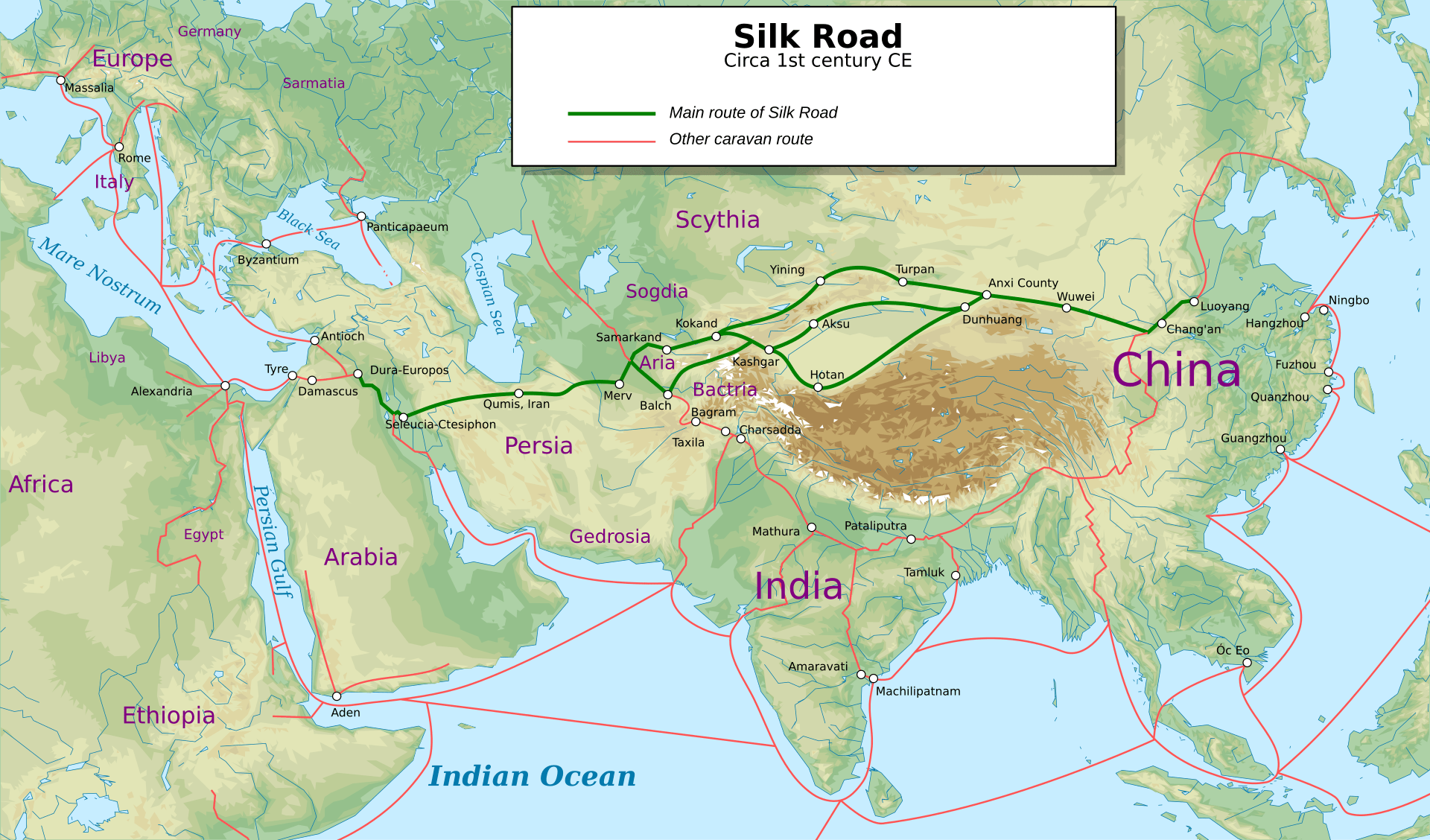 Map of the Silk Road in the 1st century CE, showing routes through Taxila, Bactria, and Indian ports