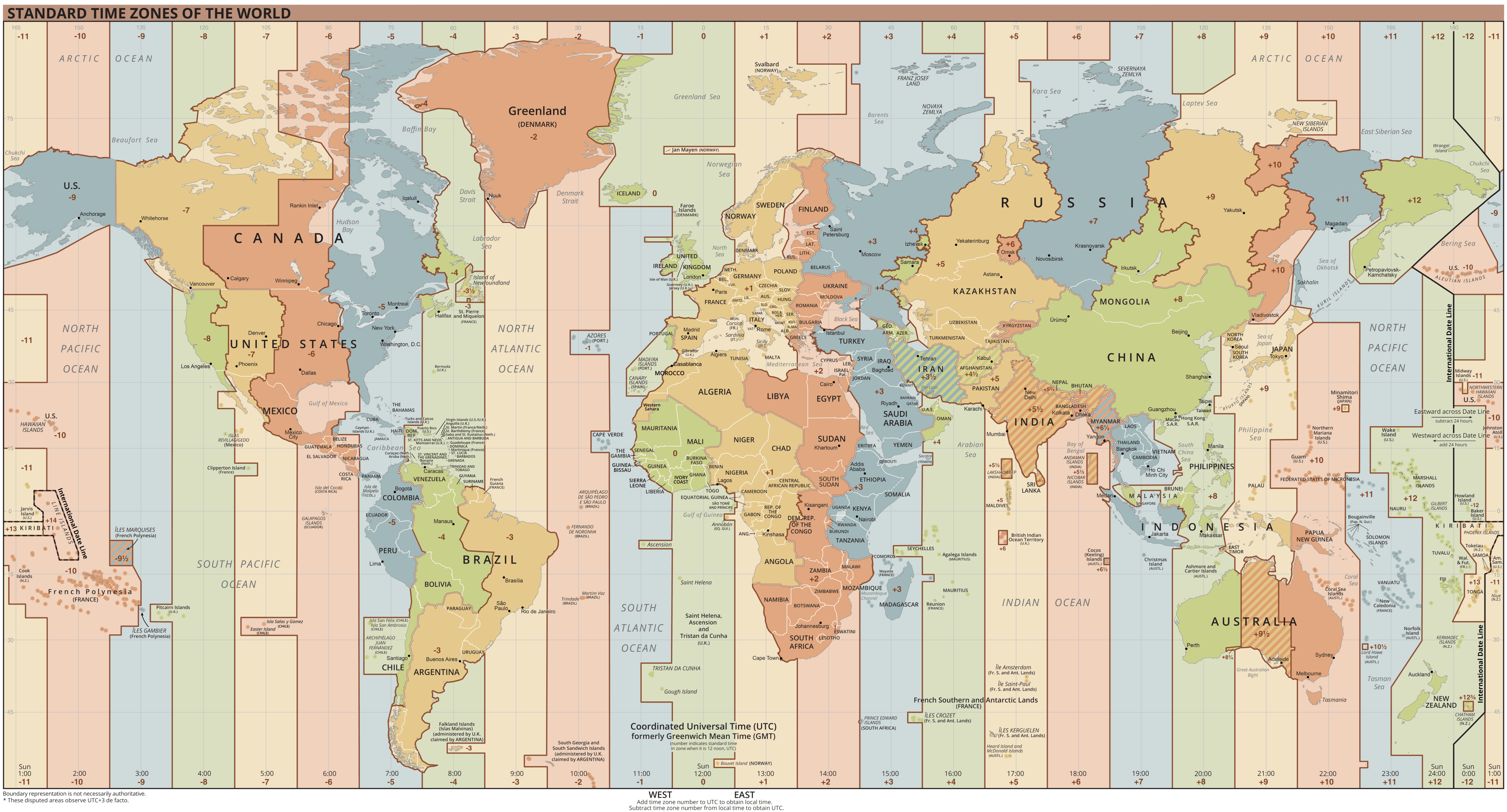 World map showing standard time zones by UTC offset