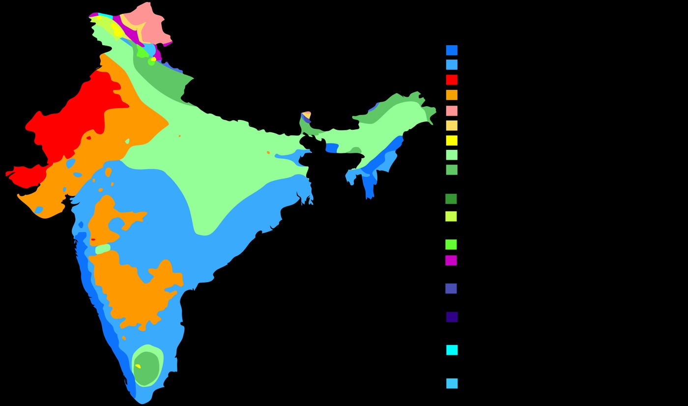 Map of India showing Koppen climate classification zones, from tropical monsoon in the south to cold desert in Ladakh