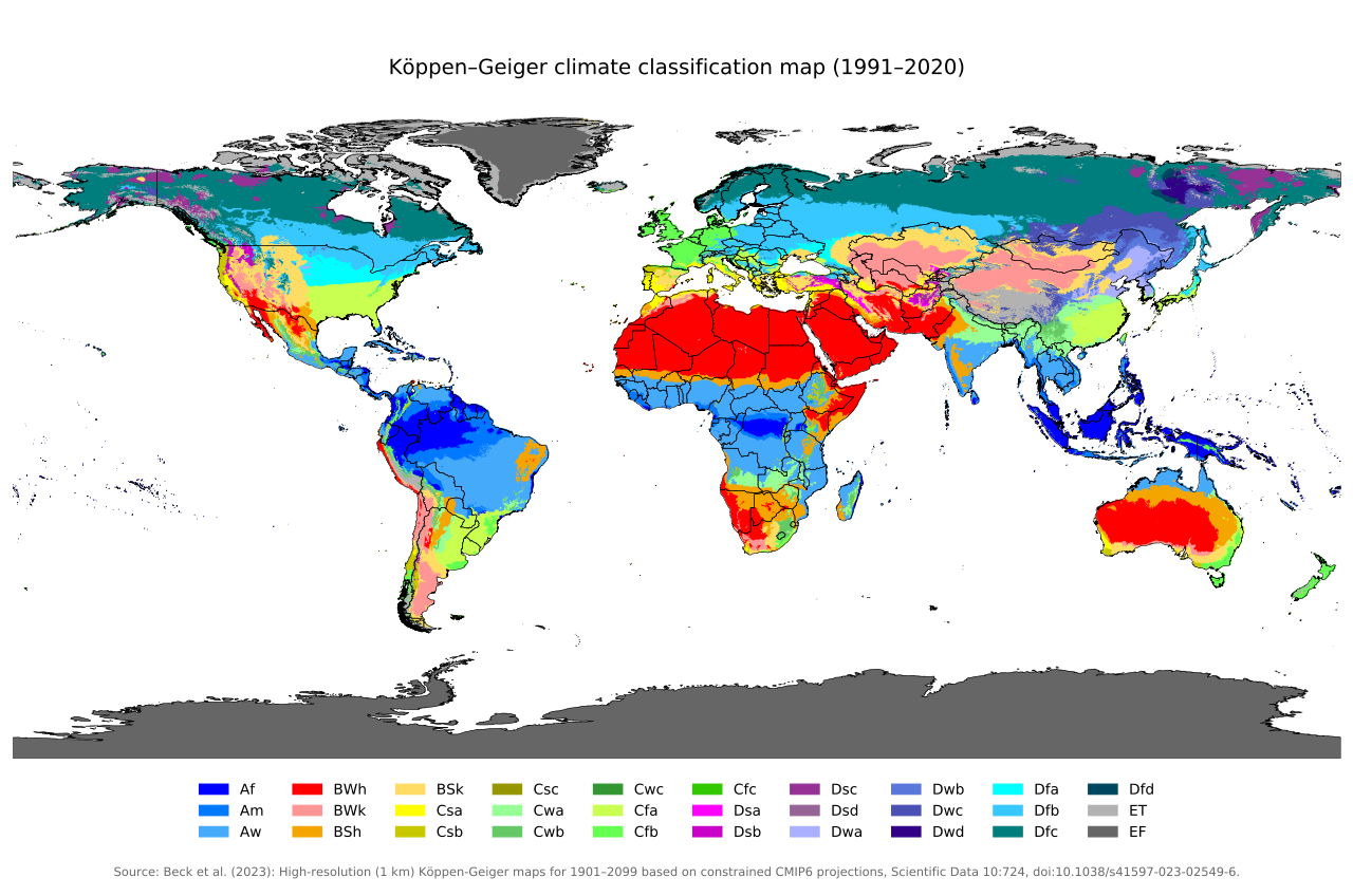 World map showing the Koeppen-Geiger climate classification zones in different colours