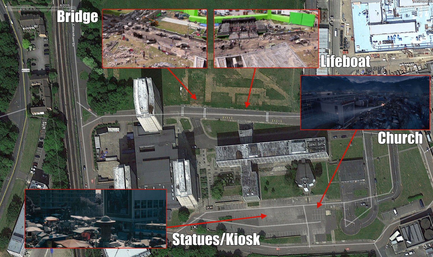 Montage image showing Satellite image of location with call outs for the various scenes filmed around site.