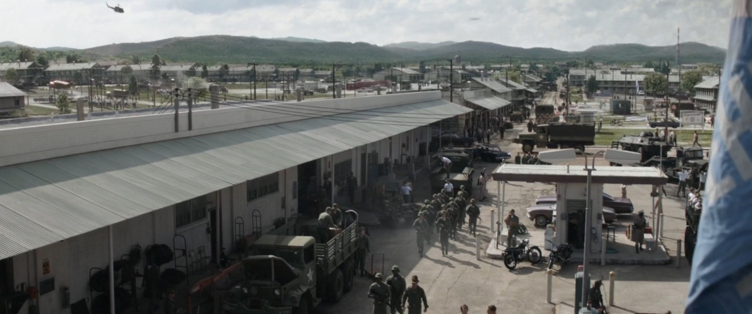 High angle view of Camp Lehigh with many soldiers and army vehicles.