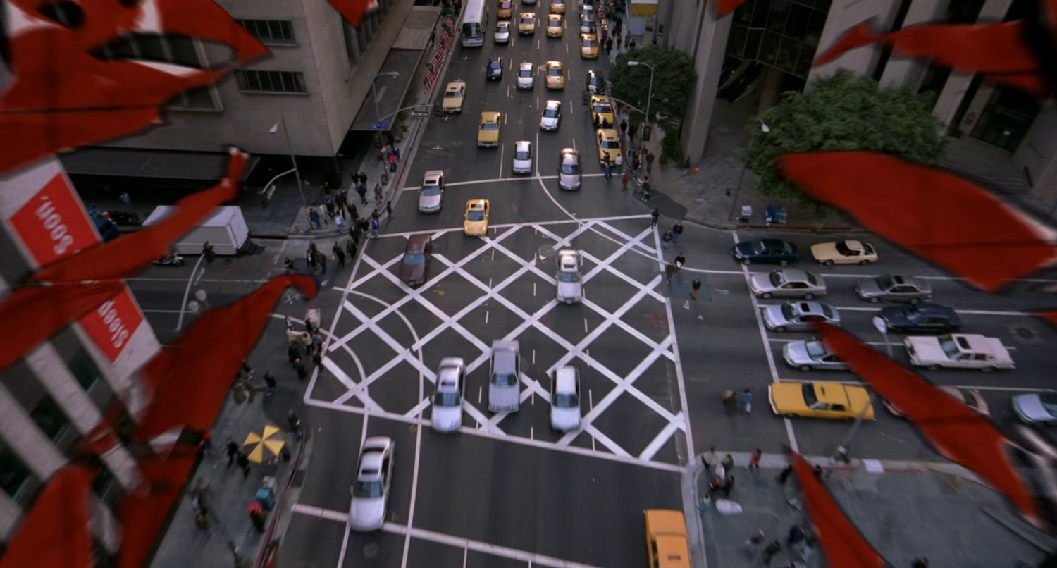 Aerial of city intersection.