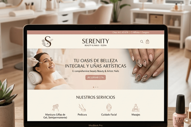 Estética. Pantalla de ordenador que muestra un sitio web de estética y uñas.