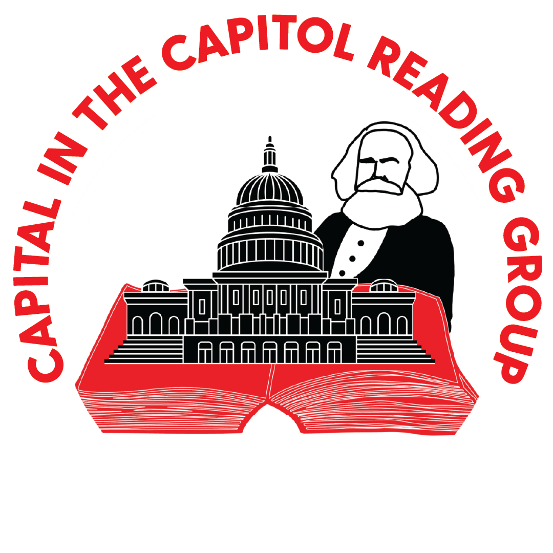 Illustration of Karl Marx in front of an open book and the US Capitol with text: Capital In the Capitol Reading Group