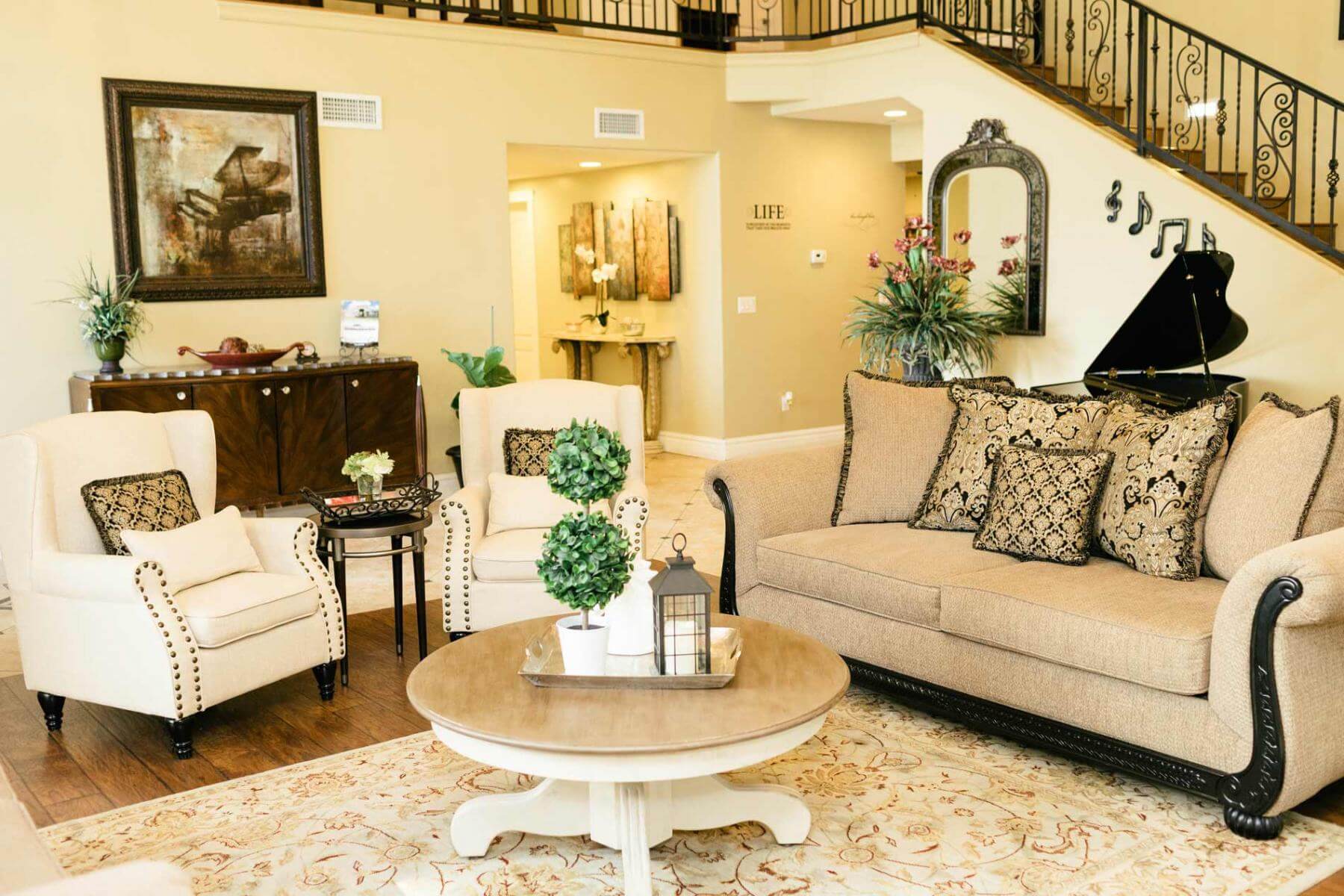 A living room with a couch and a coffee table.