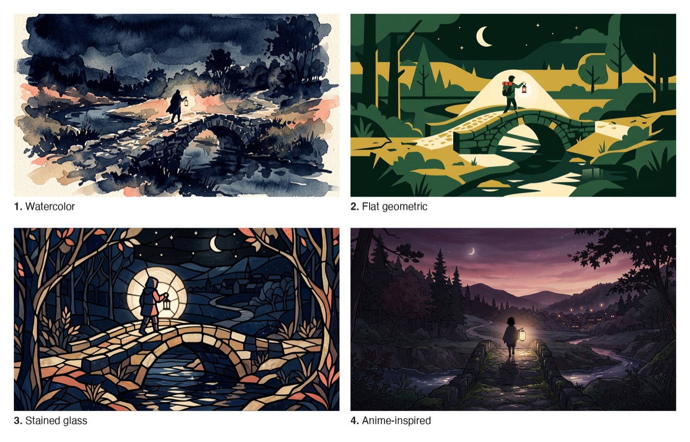 Four experimental takes on one image idea: watercolor, flat geometric, stained glass, and anime-inspired