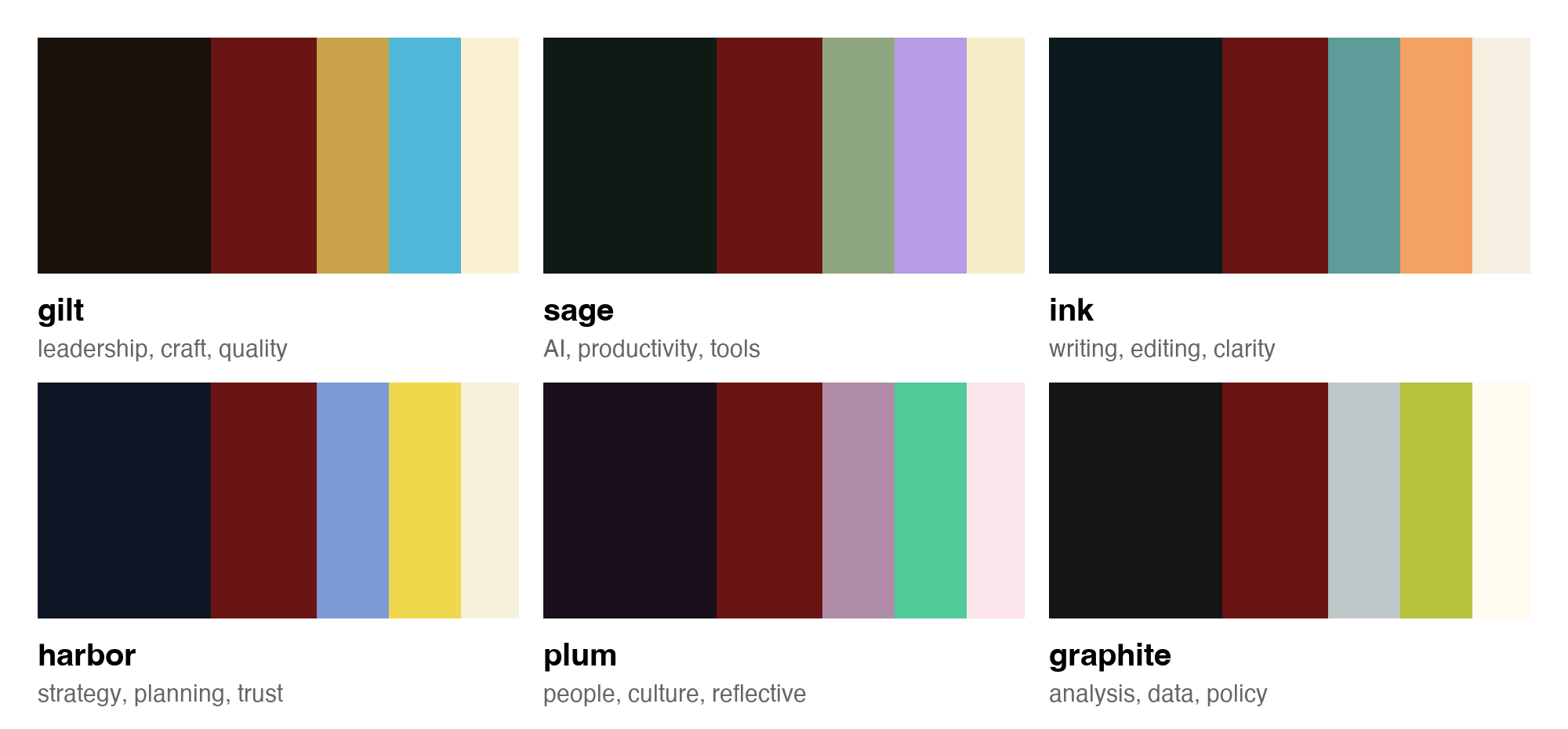 Six five-color palettes, each with a near-black ground, brick red, a body color, an accent and a glow