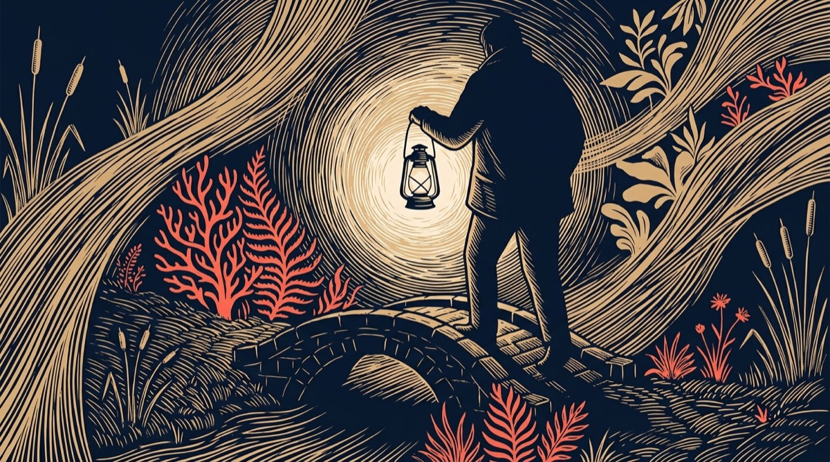 The look I liked: a linocut-style traveler with a lantern on a footbridge