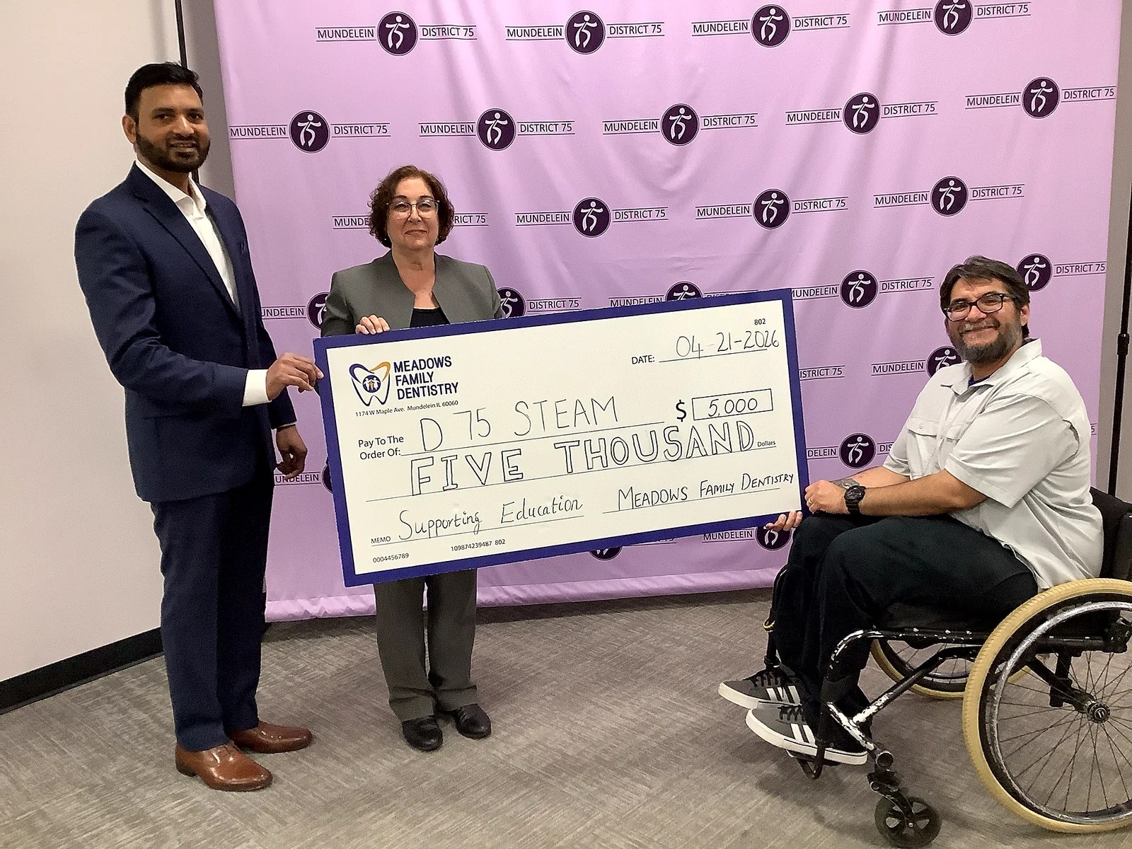 Meadows Family Dentistry supporting Mundelein School District 75 STEAM education with a $5,000 contribution.