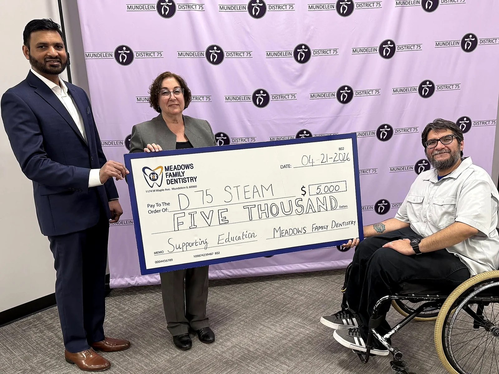 Meadows Family Dentistry supporting Mundelein School District 75 STEAM education with a $5,000 contribution.
