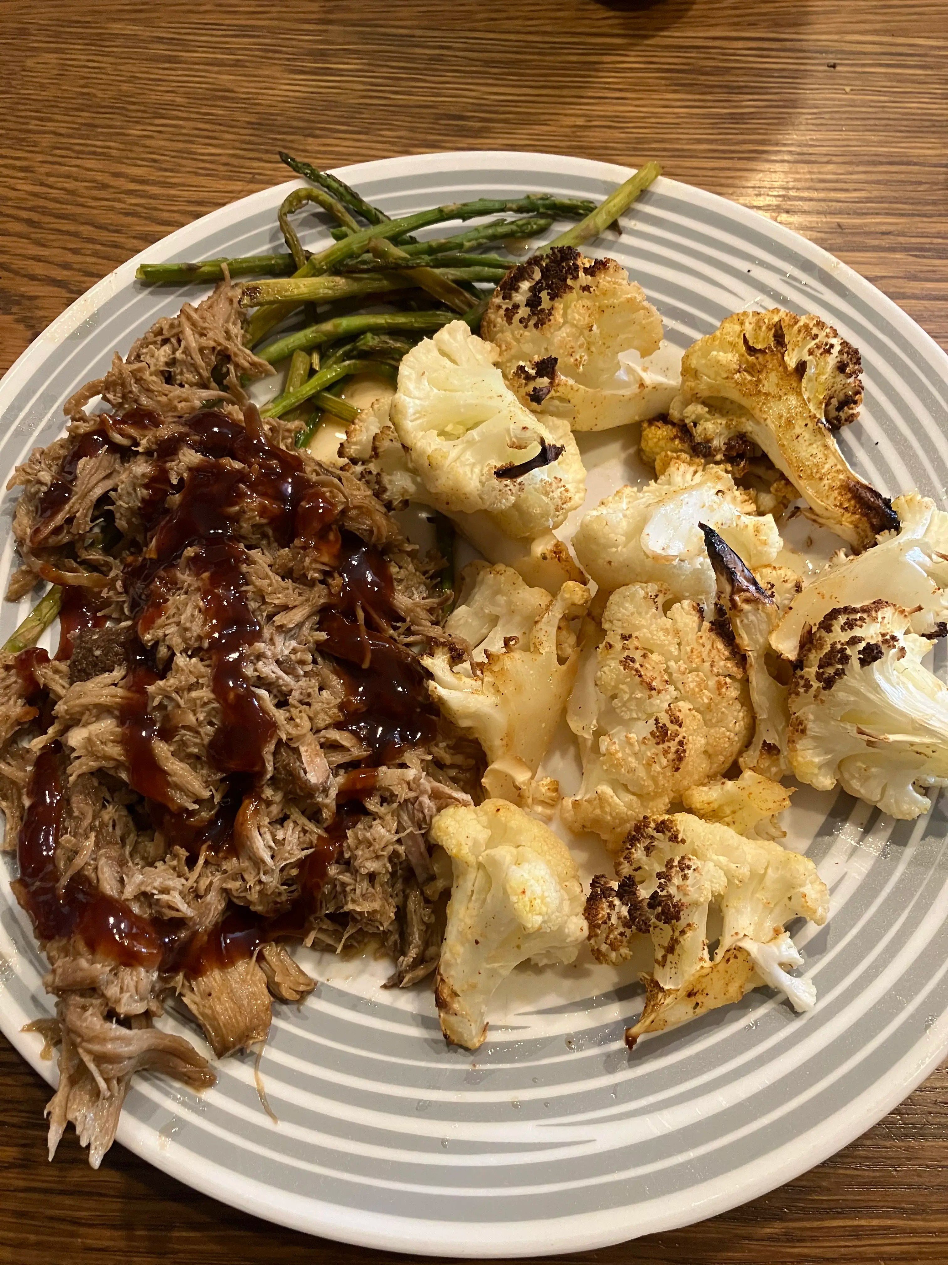 Oven Baked Pulled Pork with BBQ sauce, cauliflower, and aspargus