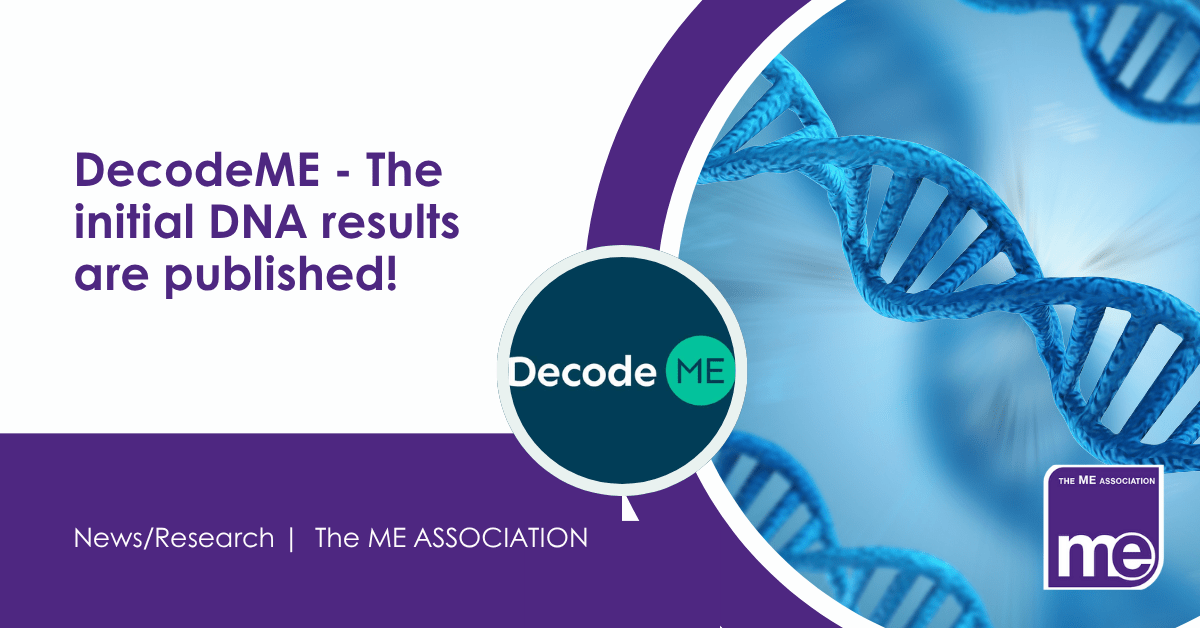 IMAGE DESCRIPTION: An image of DNA with a circular image of the Decode ME logo. Title: Decode ME release initial DNA results! The ME Association Logo (bottom right),
