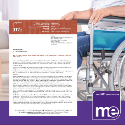 IMAGE DESCRIPTION: A person sat in a wheelchair in their home. With an overlay of an image of the first page of the template letter (bottom left) and the ME Association (bottom right)