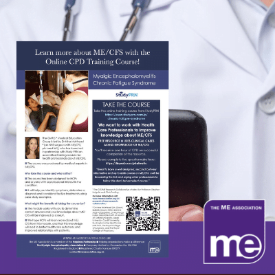 IMAGE DESCRIPTION: Image of a healthcare professional looking at their mobile phone. With an overlay of the image of the poster (bottom right) and the ME Association logo (bottom left).