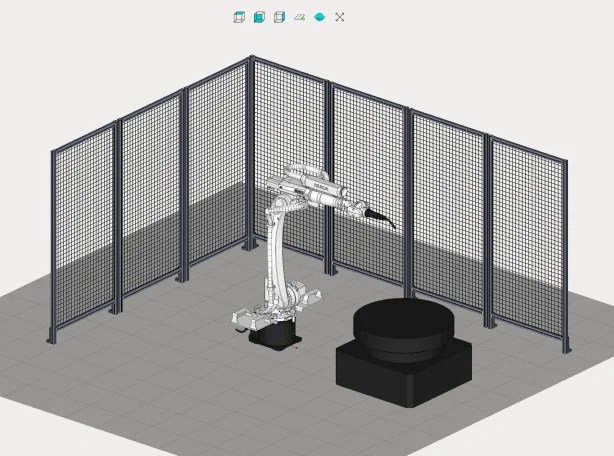 interfaz de Machinemaker con el esquema de un robot, pareces y mesa giratoria