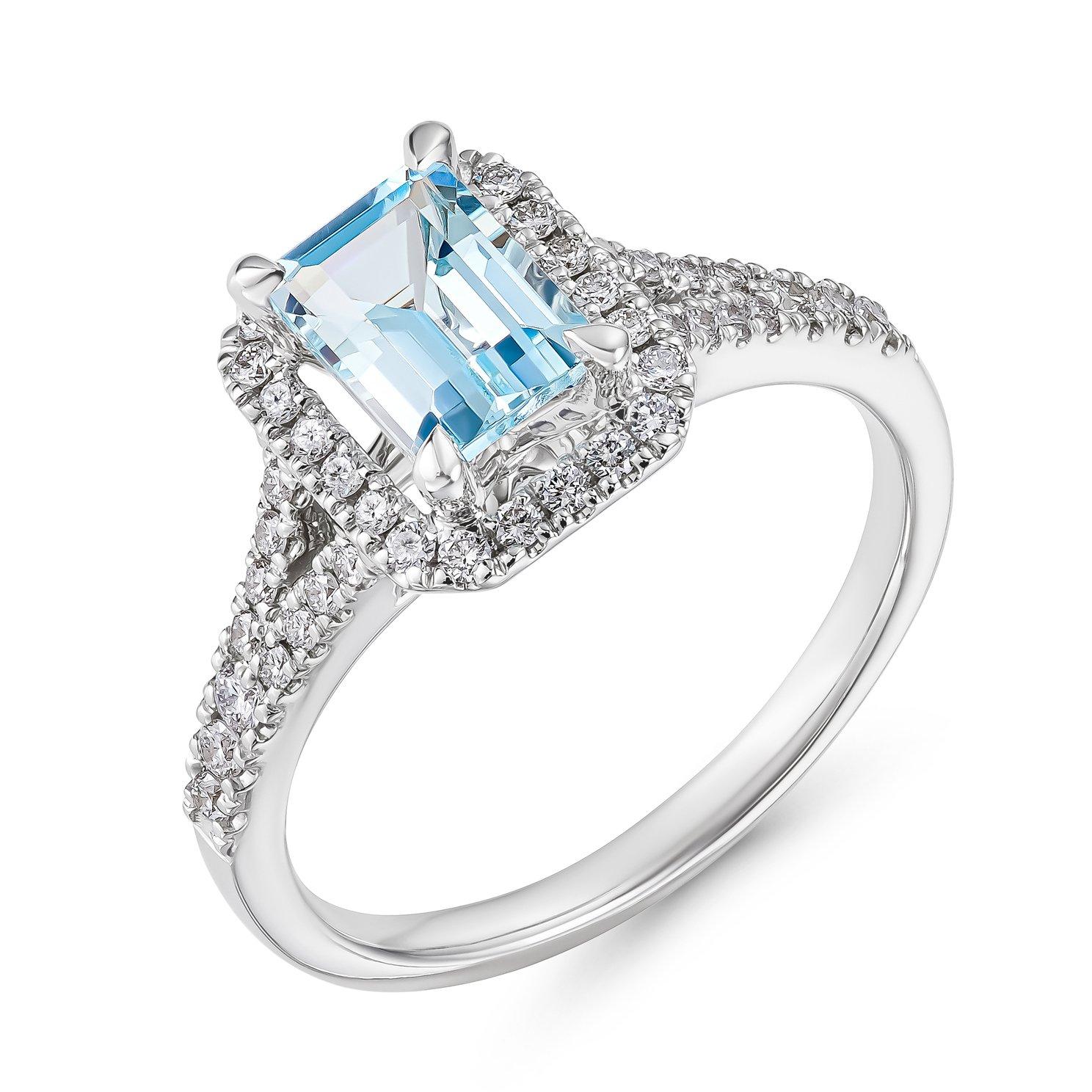 18ct white gold diamond aquamarine halo ring 0005747 beaverbrooks the jewellers on aquamarine wedding ring uk