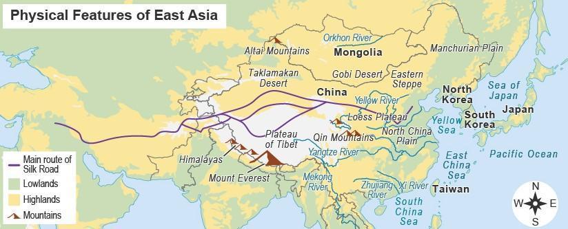 Physical Map Of Asia With Rivers Mountains And Deserts 