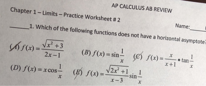 Students solve limit problems and answer will reveal the punchline to a joke. Ap Calculus Ab Review Chapter 1 Limits Practice Chegg Com