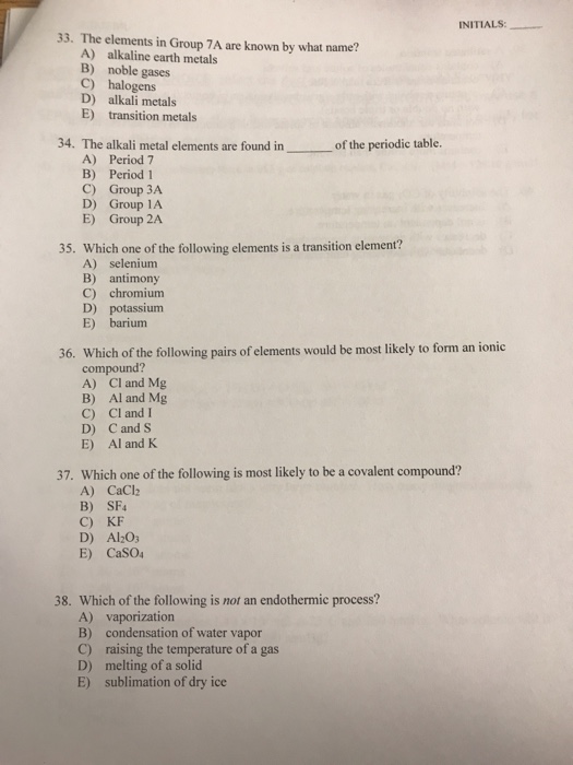 Solved: INITIALS: 33. The Elements In Group 7A Are Known B... | Chegg.com
