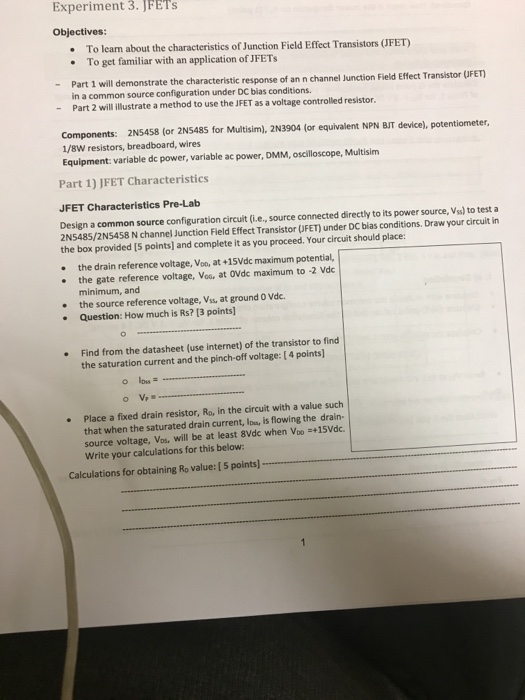 Solved Experiment 3 Jfets Objectives To Leam About The