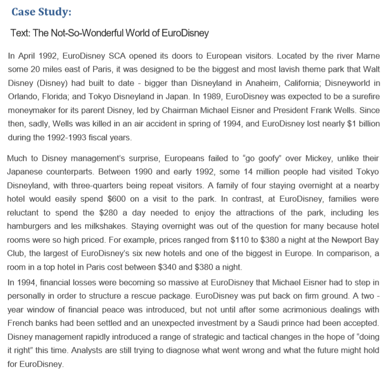 Case 2 1 The Not So Wonderful World Of Eurodisney Things The Not-So-Wonderful World of EuroDisney Summary Euro Disney SCA formally launched its theme park to Europeans in April 1992 near river Marne 20 miles East of Paris.
