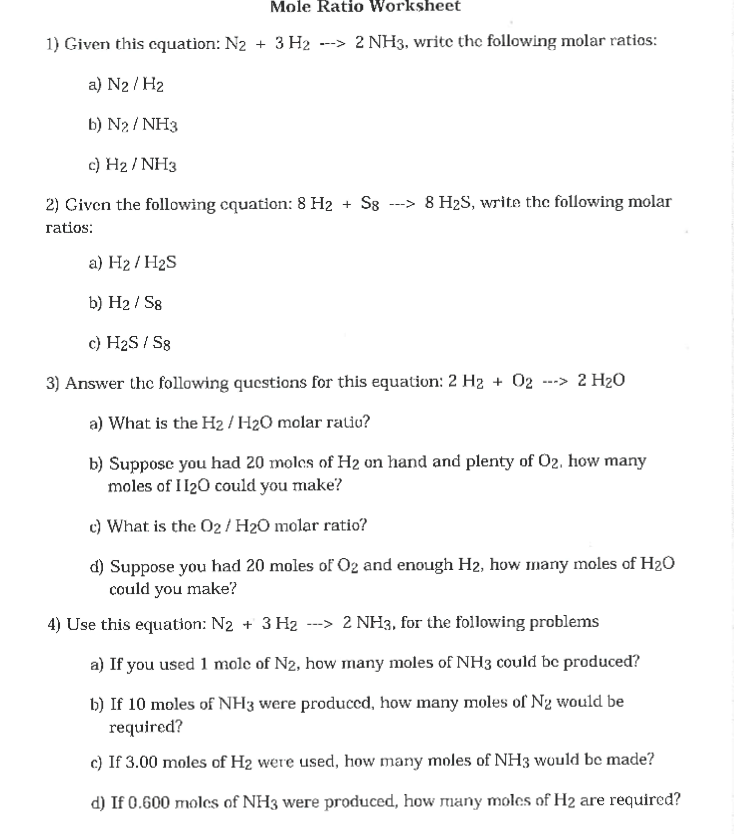 These ratios are the coefficients of a balanced equation. Solved Mole Ratio Worksheet 1 Given This Cquation N2 3h2 Chegg Com