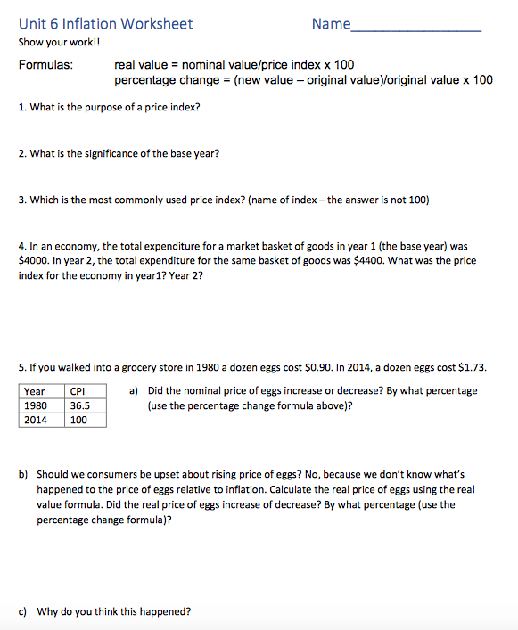 Math is important because it is used in everyday life. Solved Unit 6 Inflation Worksheet Name Show Your Work Chegg Com