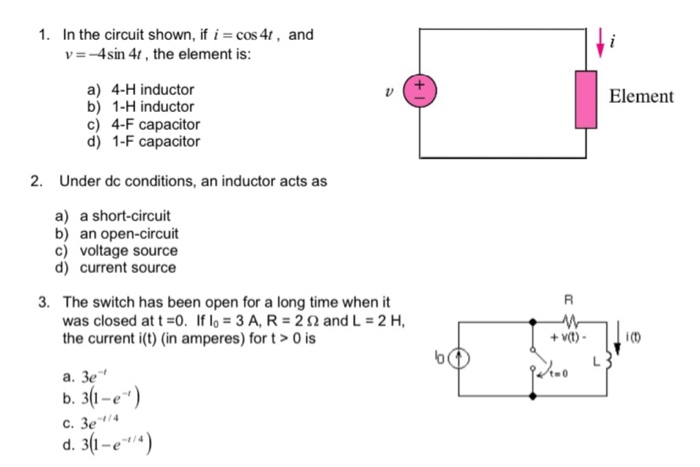 Solved 1 In The Circuit Shown If I Cos 4t And V 4sin 4