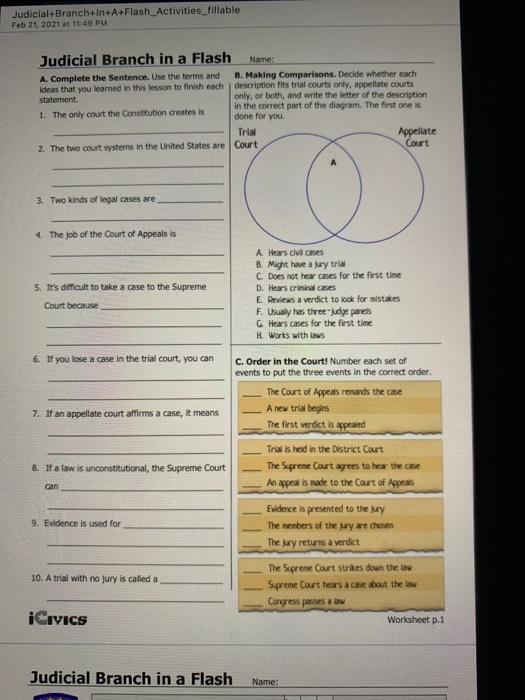 Use the verbs end or hold in the appropriate forms to complete the sentences. Judicial Branch In A Flash Activities Fillable Feb Chegg Com
