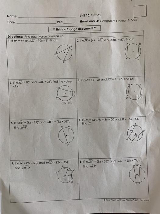 Arc & angle measures formed by chords, secants. Solved Name Unit 10 Circles Homework 4 Congruent Chords Chegg Com