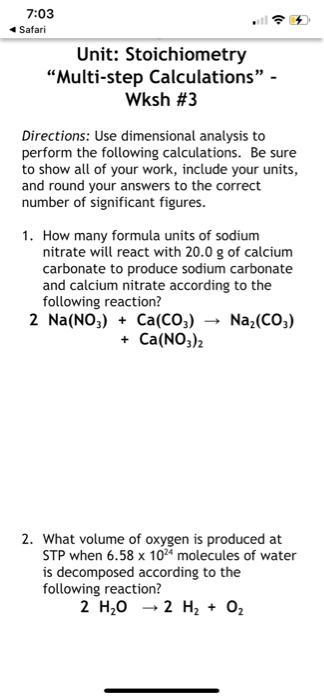 55y9udo3q5r21 Jpg Class Set Unit Stoichiometry Mass Mass Calculations Wksh 2 Directions For Each Of The Following Use Dimensional Analysis To Solve Course Hero 