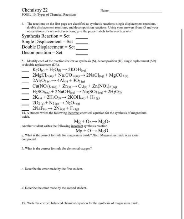 Types Of Chemical Reactions Pogil : Solved Chemistry 22 Name Pogil 10 Types Of Chemical Rea Chegg Com