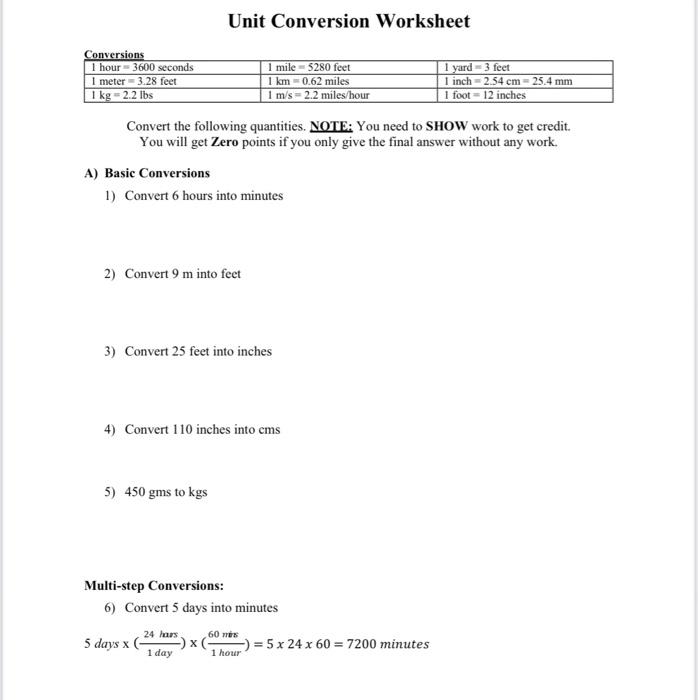 Remodeling projects may also require square footage information when purchasing supp. Solved Unit Conversion Worksheet 1 Conversions 1 Hour 3600 Chegg Com